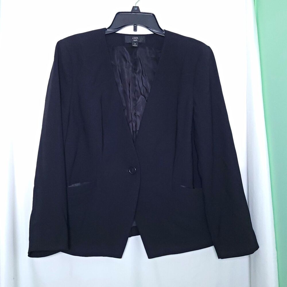J.CREW 365 Women's Black One Button Lined Collarless Blazer Jacket Size 14